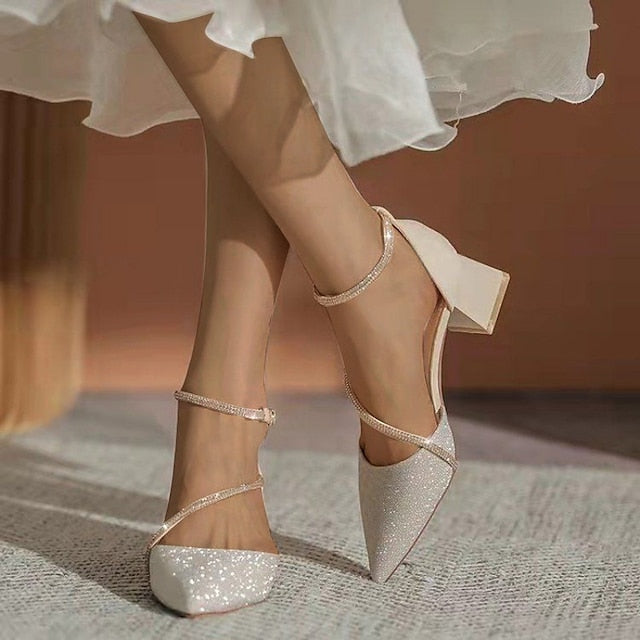 Toe Block Women's Pointed Ankle Heels Mesh Glitter with