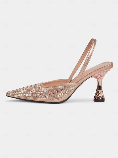 Women's Geometric Heels with Rose Rhinestone Slingback Gold