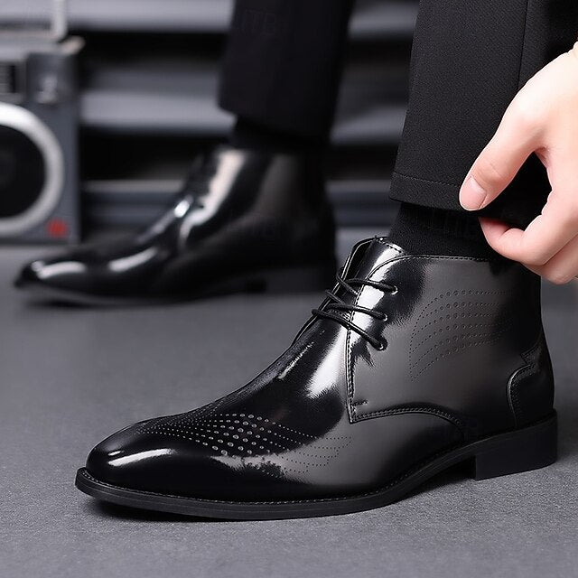 Ankle Leather Men's Brogue Glossy Wingtip Burgundy Faux