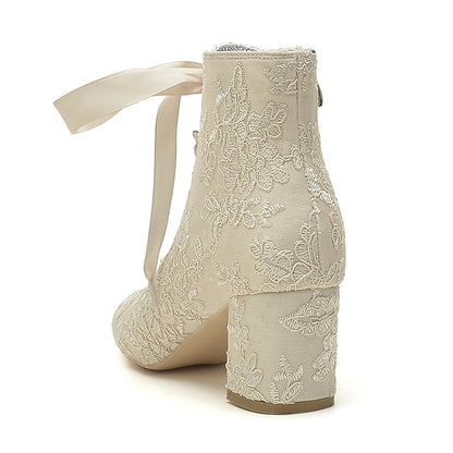 Booties – Embroidered Floral Women's White Lace-Up Bridal
