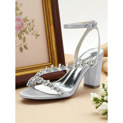 Block Rhinestone Heel - Straps with Sandals White Women's