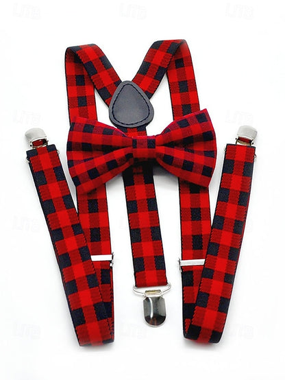 Christmas Men's Bow Plaid Tie Adjustable Set and Suspender