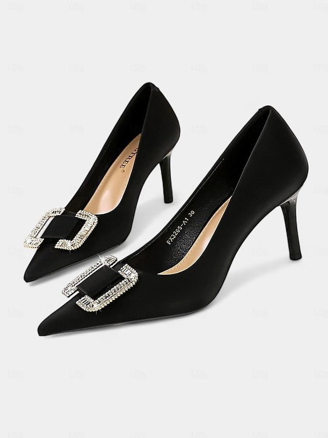 Pumps with Elegant Green Satin Rhinestone for Women: Buckle