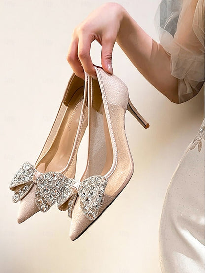 Rhinestone Glitter Heels Women's High with Bow