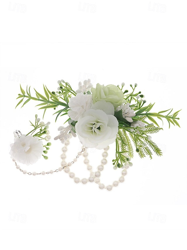Elegant White – Hand Set Jewelry with Floral Pearls Wrist and