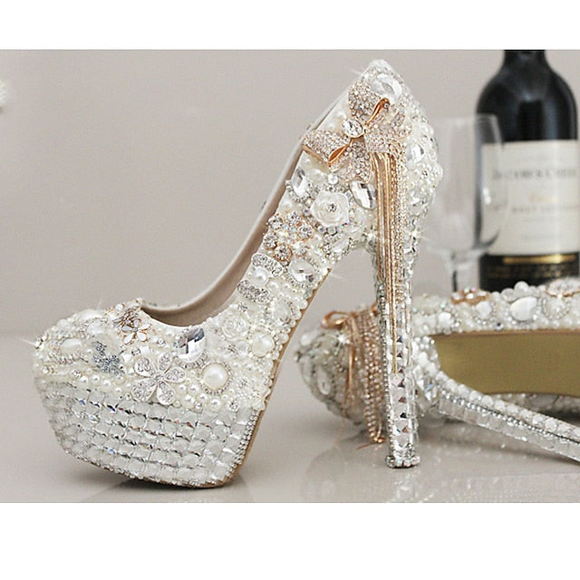 Embellished Platform and Rhinestone Pearl Women's White