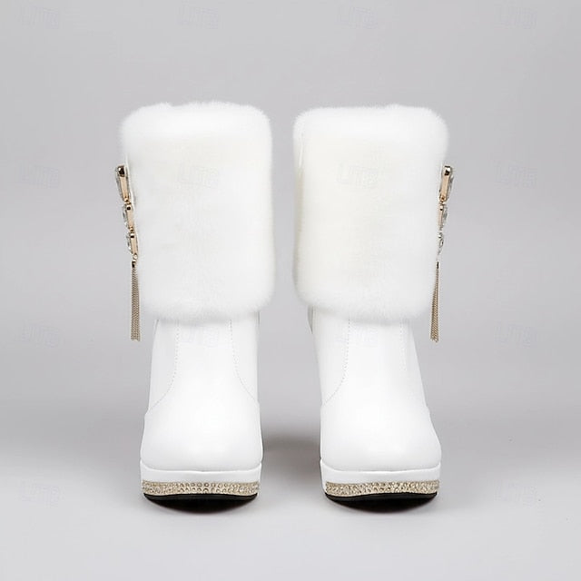 Faux Ankle Women's - White with Fur Heels Boots Rhinestone