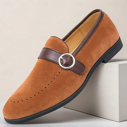 Slip-On Strap Brown Faux Loafers with Suede Buckle Men's