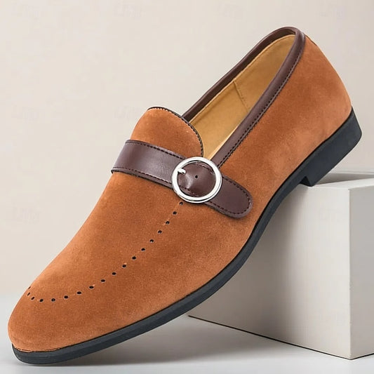 Slip-On Strap Brown Faux Loafers with Suede Buckle Men's