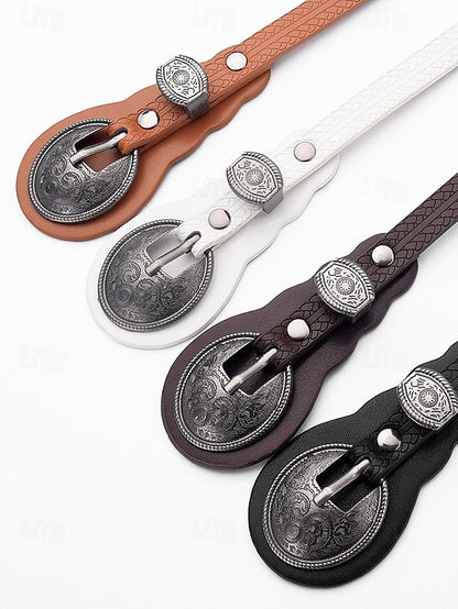 with Belt Waist Faux Leather Carved Women's Western Vintage