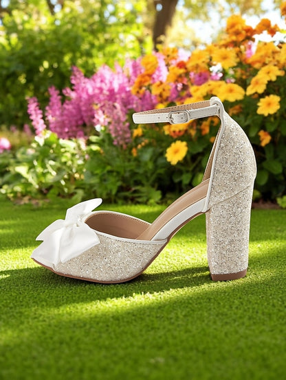 Glitter Women's Heel Ankle Sandals Wedding Block White with
