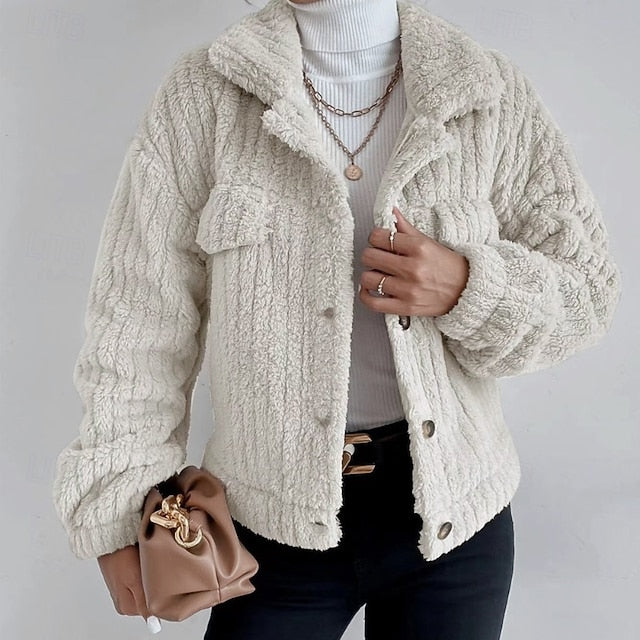Casual Warm Teddy Plain Coat Women's Buttons Comfortable