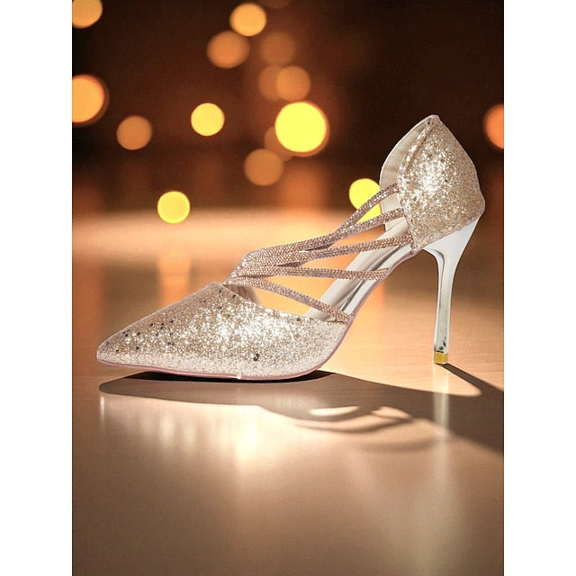 Strappy Pointed Women's Toe Glitter - Gold Heels High