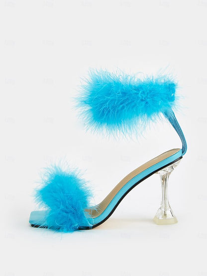 Feather-Embellished Heel with Sandals Turquoise Clear High