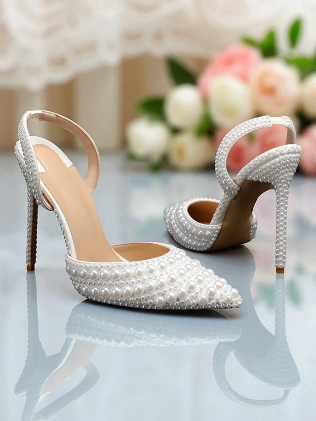 Women's Heels White Pearl-Embellished Leather Slingback -