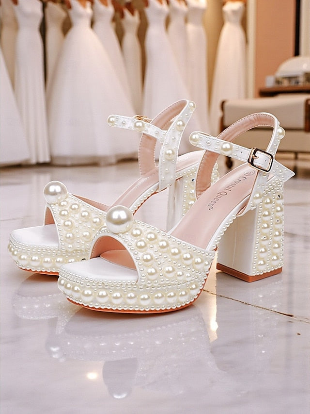 Women's Sandals Embellished Platform Pearl Block Heel White