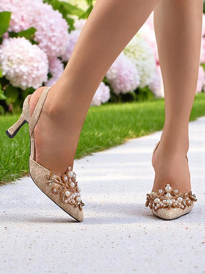 Black with Women's - Slingback Heels Detailing Pearl Satin