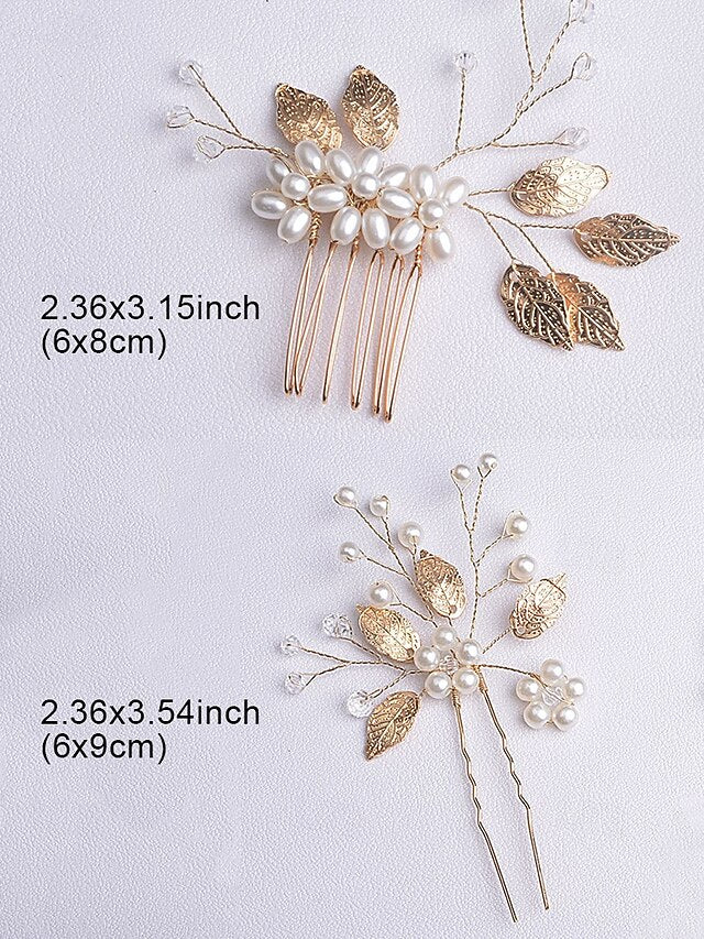 and Accessory Silver Faux Leaf with Set Gold Pearls Hair Bridal
