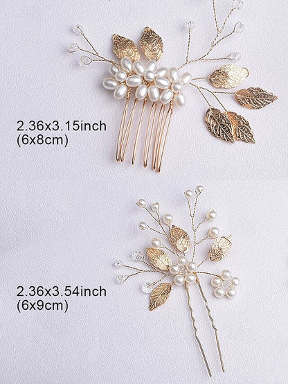 and Accessory Silver Faux Leaf with Set Gold Pearls Hair Bridal