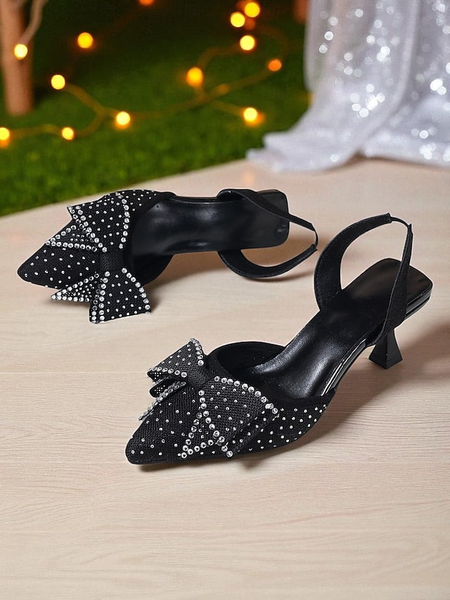 - Pointed Bow Heels Slingback Sparkly Women's Rhinestone