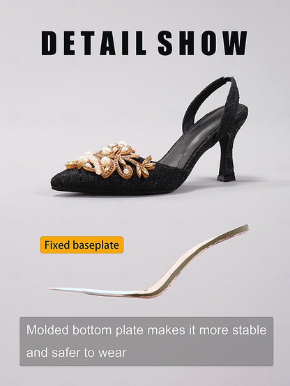 Black with Women's - Slingback Heels Detailing Pearl Satin