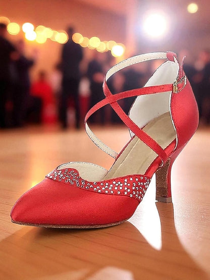- Ballroom Toe Red Shoes Dance Satin Closed Cross Women's