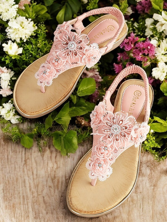 T-Strap Lace Pink Women's Sandals Floral Embellished –