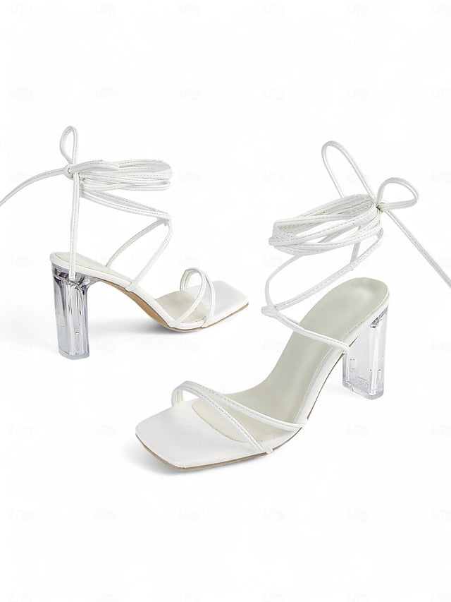 Heel Clear Heels White with Block Women's Lace-Up Strappy