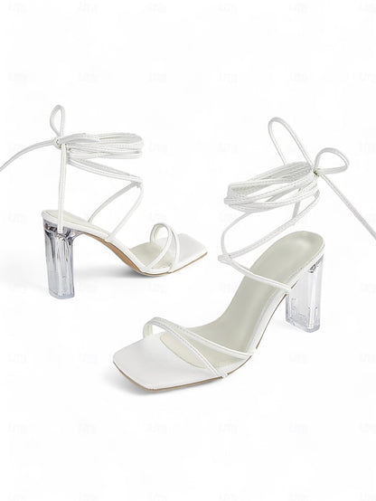 Heel Clear Heels White with Block Women's Lace-Up Strappy