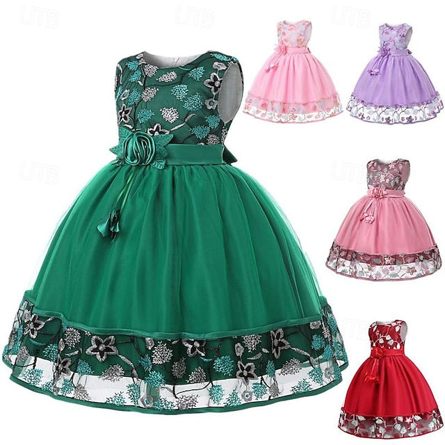 Girls' Sleeveless Flower Party Girl Dress 3D