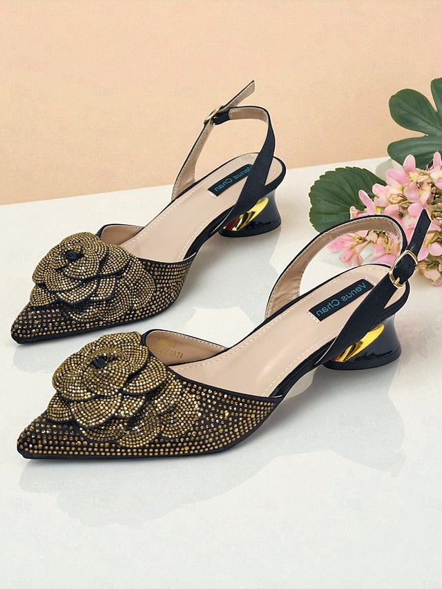 Slingback Women's Gold Matching Pumps with Rhinestone