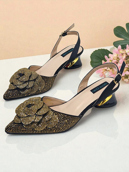 Slingback Women's Gold Matching Pumps with Rhinestone