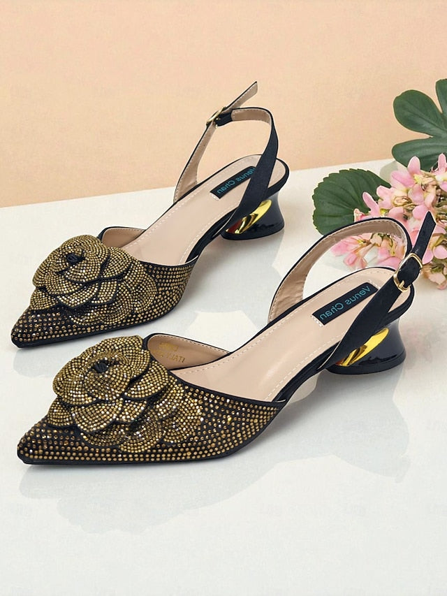 Matching Gold Women's with Pumps Slingback Rhinestone
