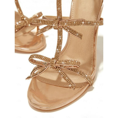 Gold Stiletto Strappy Knot Sparkly Women's Bow Sandals –