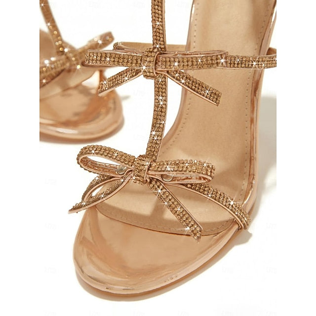 Knot Gold Sandals Women's Stiletto Sparkly – Strappy Bow