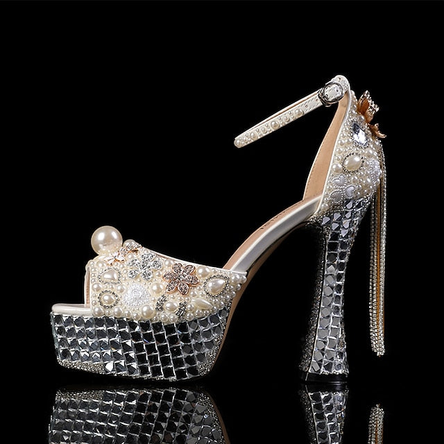 White Women's Rhinestone Embellished and Platform Pearl