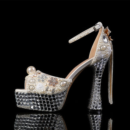 Embellished Platform and Rhinestone Pearl Women's White