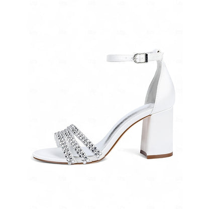 Block Heel Women's Purple Rhinestone Sandals with Satin