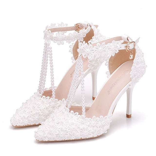 Lace Wedding Shoes Heel High Bridal Pointed Women's