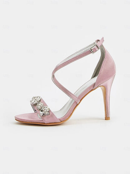 Heels Purple Satin Straps with Stiletto Rhinestone Women's