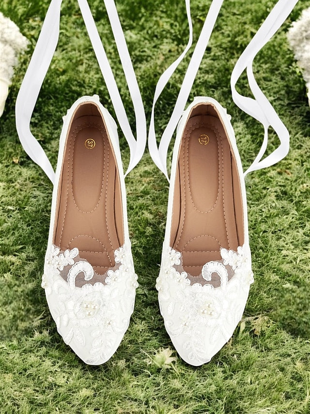 Flats Shoes Elegant Bridal with Lace - White Ties Ribbon Wedding