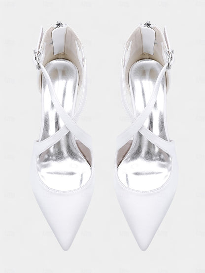 Toe Pointed Block Elegant - Satin Women's Heels Ivory
