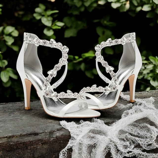 High Satin Sandals Floral Pink Heel Rhinestone with Women's