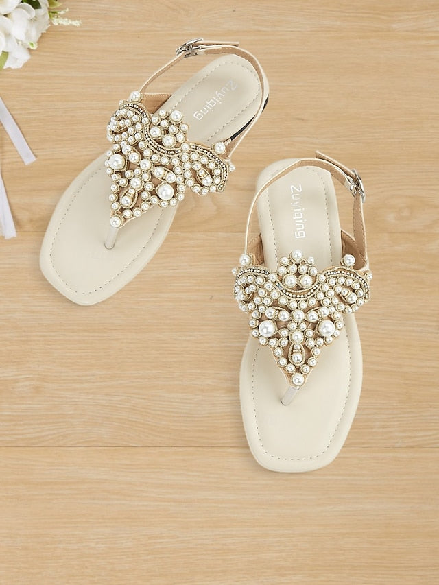 Sandals Pearl-Embellished Flat – T-Strap Women's Elegant