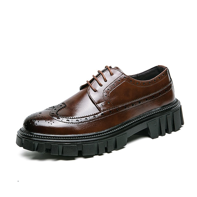 Leather Faux Shoes Men's Sole Brown Brogue – Chunky