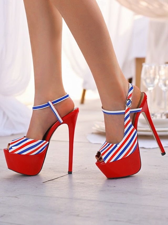 White Red and Striped Platform Stiletto Blue Women's Heels
