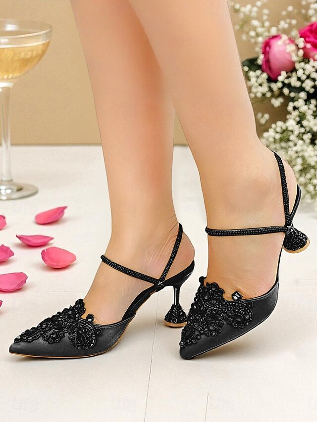 Pointed Women's Embellished Toe Gold Satin Rhinestone