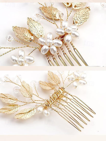 and Accessory Silver Faux Leaf with Set Gold Pearls Hair Bridal