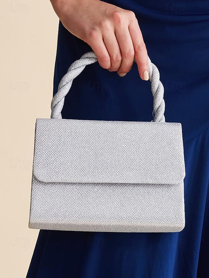 Women's Braided Handbag and Handle Silver with Glitter