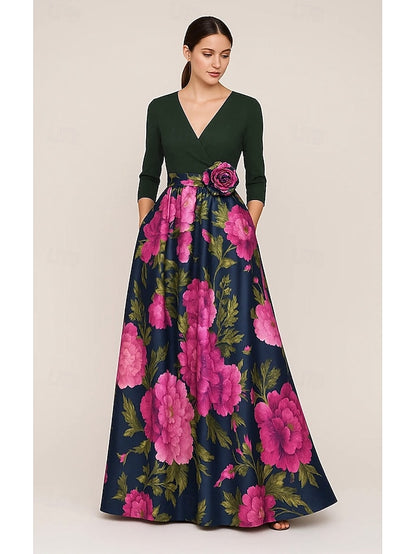 the Gown of Elegant Print Floral Mother Bride A-Line Evening